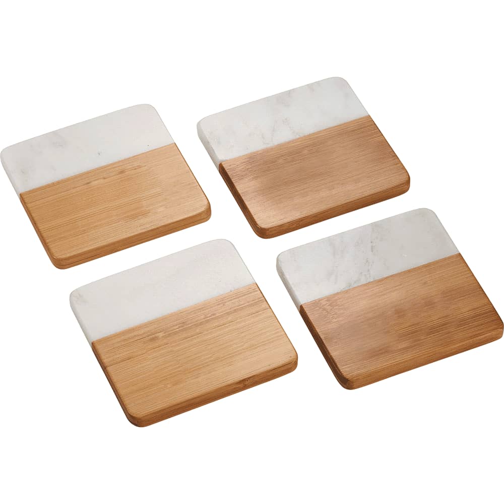 A set of four coasters featuring a marble top and bamboo base, in a natural colour scheme. Marble & Bamboo Coaster - Image 1
