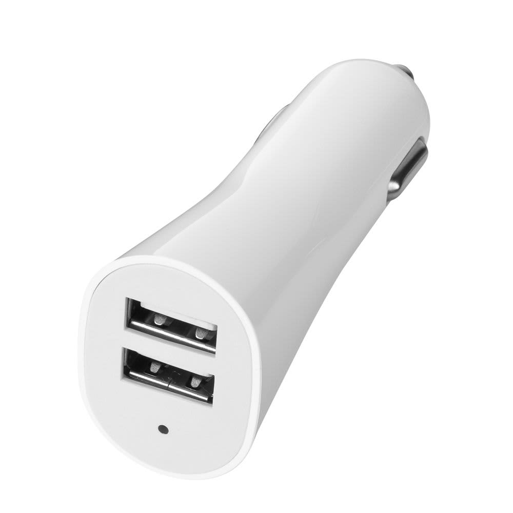 A white dual car charger with two USB ports and a small indicator light. It has a sleek, modern design. Dual Car Charger - Image 1