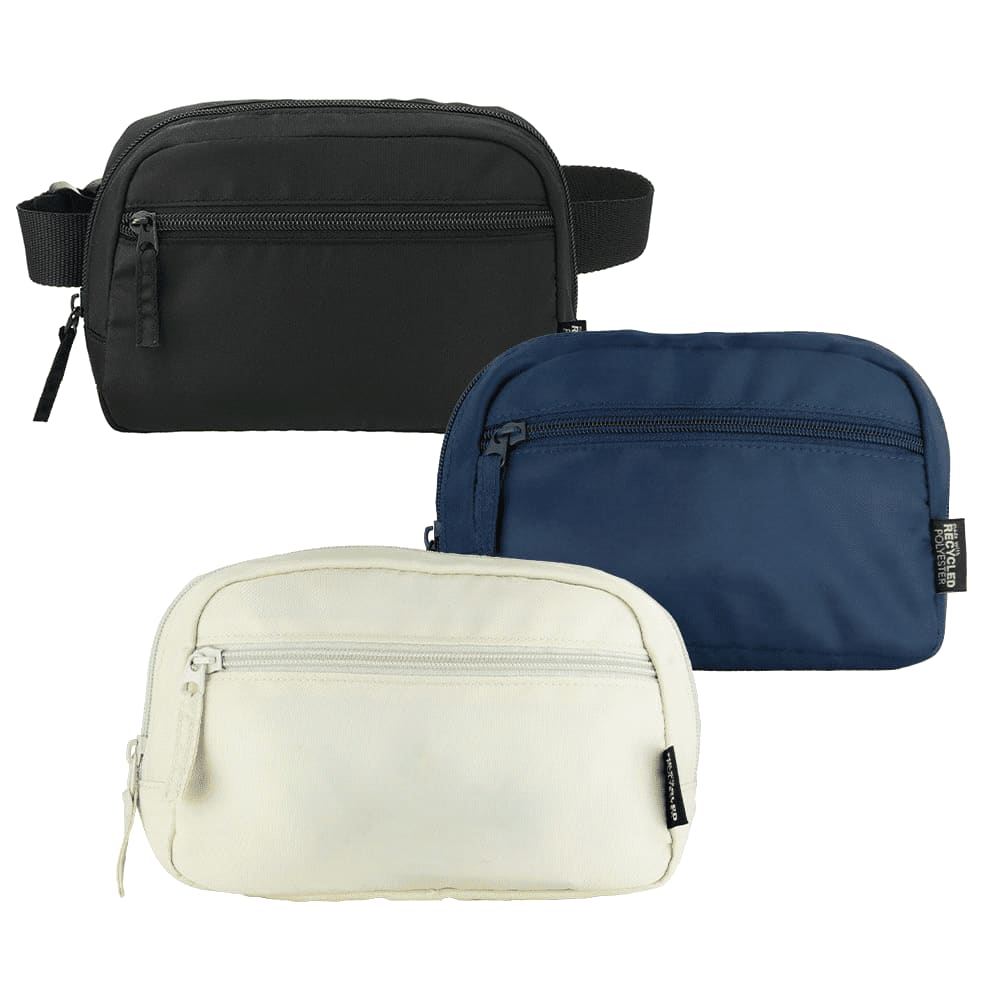 A collection of three recycled sport bum bags in black, navy, and white, each featuring a front zipper pocket and branding. Recycled Sport Bum Bag - Image 1