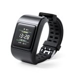 A black smartwatch with a digital display, featuring multiple metrics and a sporty strap design.