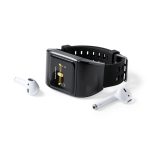 A black smartwatch with a rectangular face, accompanied by a pair of white wireless earbuds.