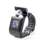 A black smartwatch with a display featuring various app icons, alongside white wireless earbuds in a charging case.