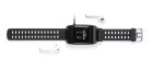 A black smartwatch with a silicone strap, accompanied by wireless earbuds, arranged on a white background.