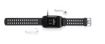 A black smart watch with a digital display and a pair of wireless headphones beside it. The watch has a branding logo.