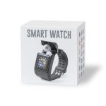 A black smart watch displayed on the side of a white box with a logo and colourful icons.