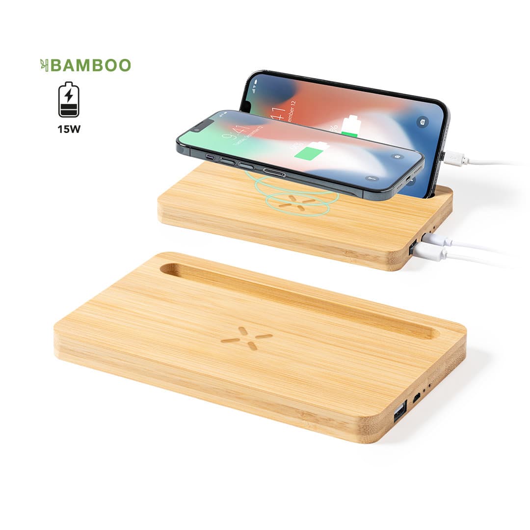 A bamboo wireless charger with a slot for a phone and additional ports. It has a simple, natural design. A bamboo wireless charger with a slot for a phone and additional ports. It has a simple, natural design.