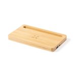 A bamboo wireless charger with a sleek design and a slot for organising phone accessories, featuring a logo.