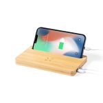 A bamboo wireless charger with a space for a smartphone, featuring connecting cables and a logo.