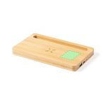 A bamboo wireless charger with a sleek design, featuring a slot and a USB port. It includes a brand logo.