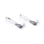 A digital skipping rope in grey and white, featuring a display screen and a spherical end. It includes a logo.