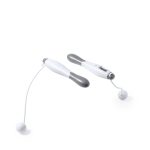 A digital skipping rope in white and grey, featuring a display and attached ends. It includes branding on the design.