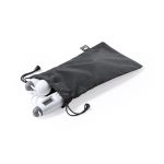 A black storage pouch containing a digital skipping rope and accessories, featuring a drawstring closure.