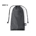 A black drawstring pouch made from recycled materials, featuring a small logo tag.