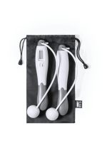 A digital skipping rope in white and grey, with a storage pouch, featuring a small display and two skipping handles.