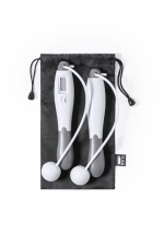 A set of white and grey digital skipping ropes in a black drawstring pouch.