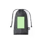 A black drawstring bag made of smooth material, featuring a rectangular empty space for customisation.