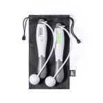 A digital skipping rope in white and grey, packaged in a black drawstring bag.