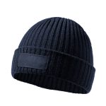 A navy beanie with a ribbed texture and a blank patch for branding.