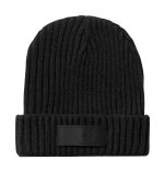 A black ribbed beanie with a folded cuff and a logo on the front.