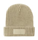 A beige ribbed beanie hat with a folded cuff and a patch area for branding.