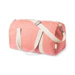 A pink duffle bag with a zipper, featuring dual handles and a detachable shoulder strap. It has a simple brand logo.
