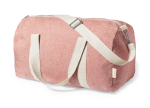 A pink bag with cream handles and a shoulder strap, featuring a zipper and a logo.