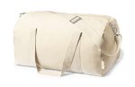 A beige duffel bag with a detachable strap and top zip closure. It features sturdy fabric and has a logo.