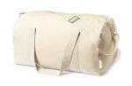 A cream-coloured bag with a zip closure and adjustable straps. It features a logo on the side.