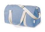 A blue duffel bag with cream straps, featuring a zippered closure and a detachable shoulder strap.