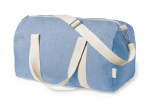A blue duffel bag with cream straps and a branding label, featuring a zippered closure and an adjustable shoulder strap.