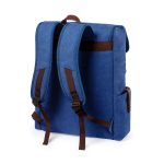 A blue backpack with brown straps and a side pocket, featuring a logo.