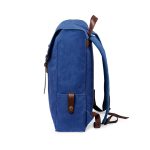 A blue backpack featuring brown accents, with adjustable straps and a side pocket. It has a logo on the front.
