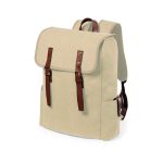 A beige backpack with brown leather straps and accents, featuring a flap and side pockets.