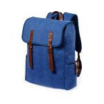 A blue backpack with brown leather straps and detailing, featuring a flap closure and side pockets.