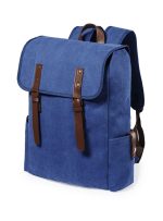 A blue backpack with brown straps and a flap closure, featuring a side pocket and a logo.