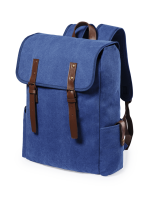 A blue backpack with brown leather straps and accents, featuring a flap closure and side pockets.