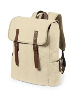 A beige backpack with brown leather straps and detailing, featuring two side pockets and padded shoulder straps.