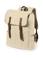 A beige backpack with brown leather straps and a flap, featuring two side pockets and adjustable shoulder straps.