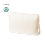 A neutral-coloured laptop pouch made from recycled cotton with a zipper closure and branding.
