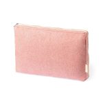 A pink laptop pouch with a zip closure, featuring a soft fabric texture and a logo.