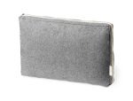 A grey laptop pouch with a zip closure and a subtle branding logo.