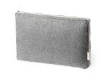 A grey laptop pouch with a zipper and a subtle branding tag on the side.