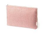 A pink laptop pouch with a textured finish and a zipper closure, featuring a small branding label.