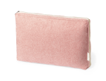 A pink laptop pouch with a textured fabric exterior and a zip closure, featuring a brand logo on the side.
