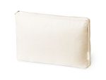 A beige laptop pouch with a zip closure and a logo, designed for carrying laptops securely.