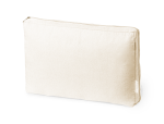A cream-coloured laptop pouch with a zipper and a logo, featuring a soft canvas texture.