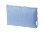 A blue laptop pouch with a zippered closure and a simple design. It features branding on one side.