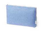 A blue laptop pouch with a zipper, featuring a simple design and a small branding label.