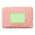 A pink laptop pouch with a textured finish and a blank rectangle area, featuring a logo on one side.