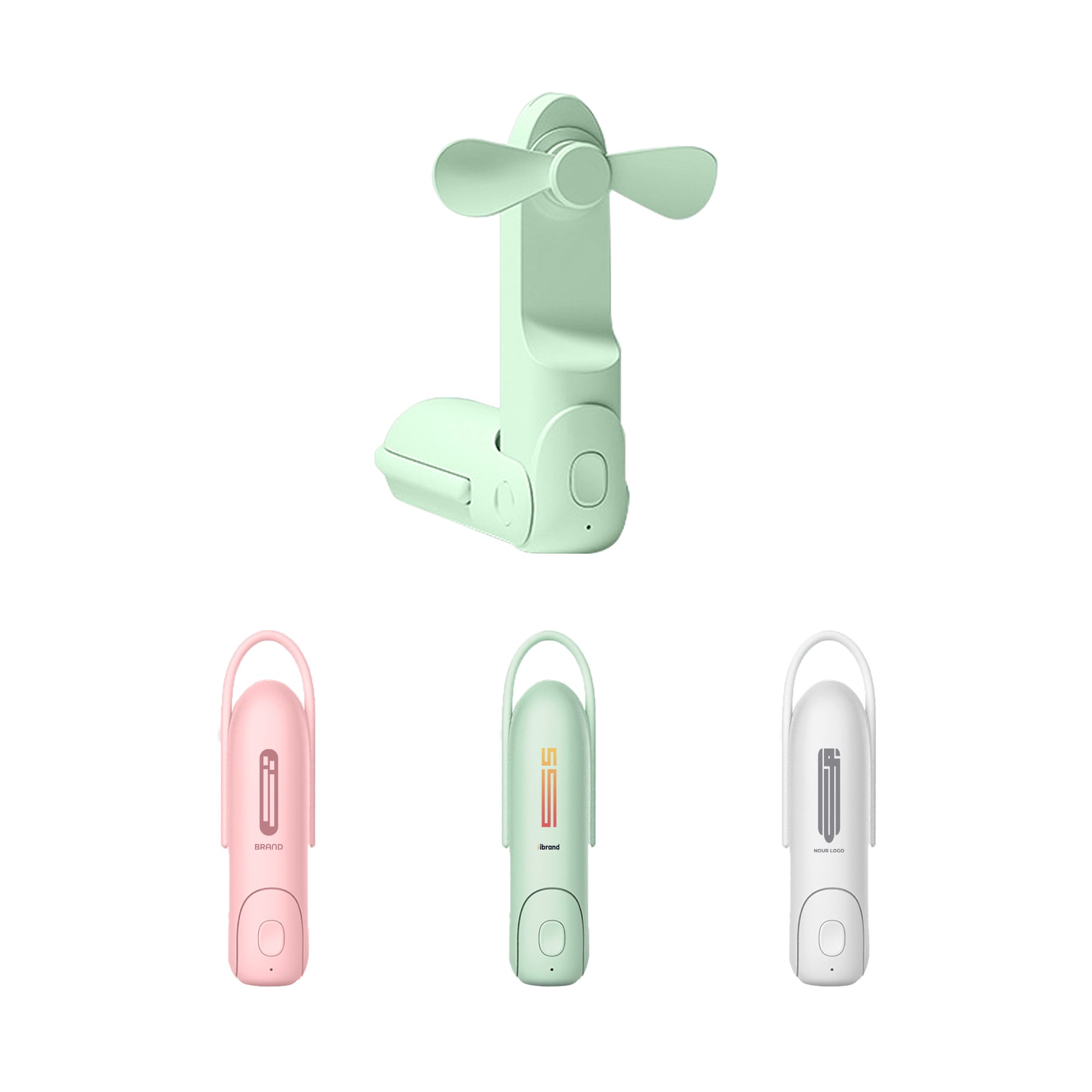 A USB handheld mini fan with a flashlight, available in mint green, pink, and white, featuring a logo. USB Handheld Mini Fan With Flashlight - Image 1